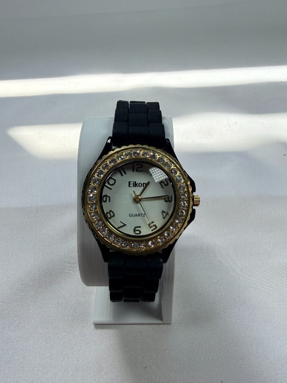 Eikon Women's Quartz Watch Black Silicone Band Gold Tone Rhinestone Bezel